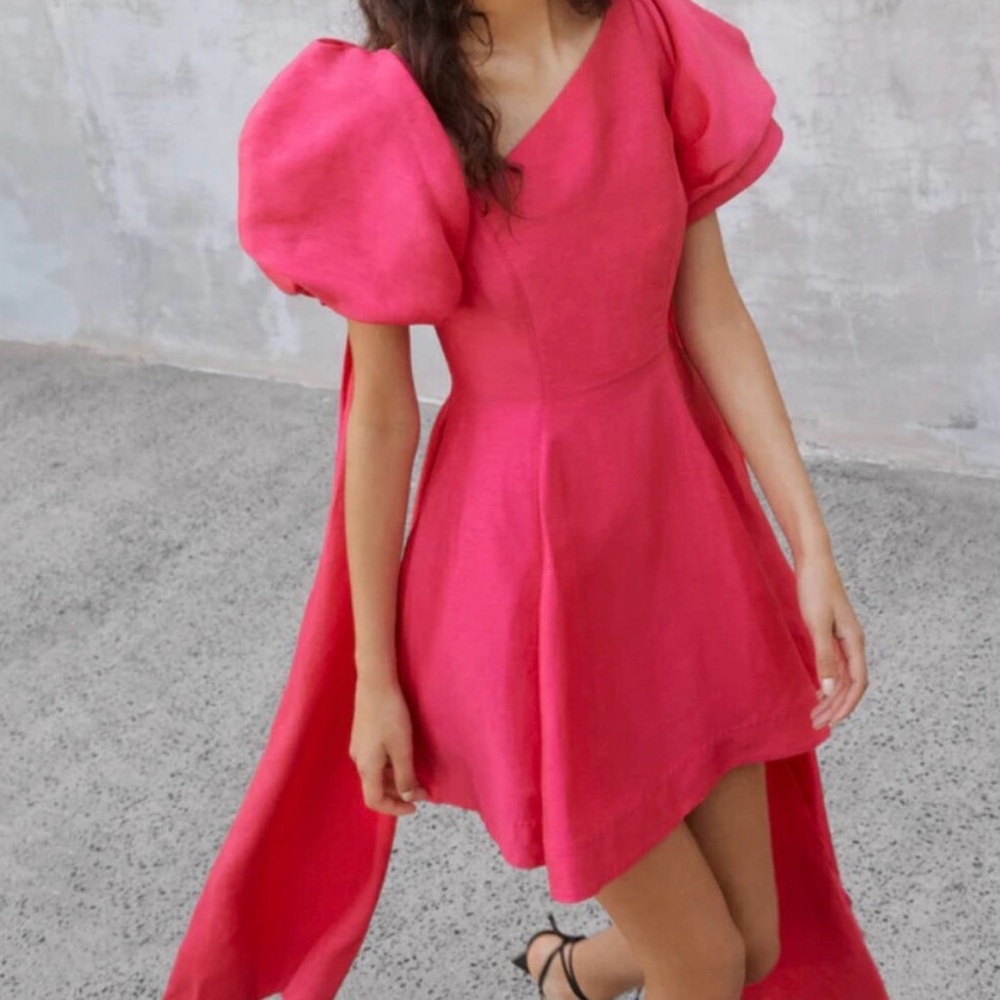 Hot Pink Puff Sleeve Mini Dress with Dramatic Back Tie